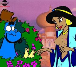 1990s 1999 20th_century aladdin beerman black_hair breasts brown_eyes dark-skinned_female dark_skin disney disney_princess earrings edit edited female flowers genie genie_(aladdin) human lipstick long_hair male necklace nipples princess_jasmine