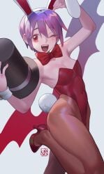 1girls 2023 armpits bent_leg bowtie bunny_tail bunnysuit capcom darkstalkers female female_only heels hi_res leotard lilith_aensland looking_at_viewer neck_ribbon pantyhose poch4n purple_hair red_eyes small_breasts smiling smiling_at_viewer solo succubus top_hat white_background wink winking_at_viewer wrist_cuffs