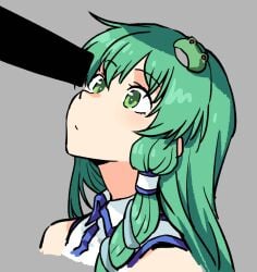 ahemaru alternate_version_available censor_bar censored censored_penis green_eyes green_hair hair_ornament looking_at_penis sanae_kochiya tagme tagme_(artist) touhou