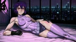 1girls ai_generated artificialanaleptic bare_shoulders bed belt blush breasts building city cityscape clothing female female_only fingerless_gloves ghost_in_the_shell gloves hand_on_hip highleg highleg_leotard kusanagi_motoko leotard lips looking_at_viewer lying medium_breasts night on_side purple_hair purple_thighhighs red_eyes short_hair sky smile solo star_(sky) starry_sky thighhighs thighs toned