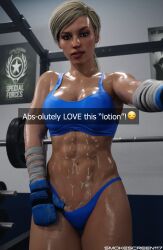 3d 3d_(artwork) abs athletic athletic_female blonde_hair breasts caption cassie_cage cum cum_on_body gym mortal_kombat mortal_kombat_11 muscular muscular_female pin-up ponytail selfie smokescreen117 solo solo_female solo_focus sweat thong