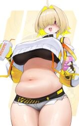 1girls big_breasts black_topwear blonde_hair blush booty_shorts breasts chin_length_hair chubby chubby_belly chubby_female donut elegg_(nikke) female female_only gloves goddess_of_victory:_nikke hair_over_one_eye large_breasts midriff navel oerba_yun_fang pale-skinned_female pale_skin purple_eyes soda straw suspenders sweat sweaty thick_thighs two_tone_hair underboob white_jacket yellow_gloves