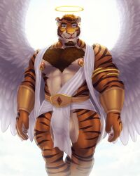 4:5 angel anthro balls beard biceps blue_eyes body_hair brown_hair bulge chest_hair countershading deltoids detailed_bulge dream_and_nightmare ear_piercing facial_hair feathered_wings feathers felid flaccid foreskin fur genital_outline genitals gold_(metal) hair halo hi_res humanoid_genitalia humanoid_penis male mammal muscular muscular_male night_(dream_and_nightmare) nipple_piercing nipples orange_body orange_fur pantherine pecs penis penis_outline piercing quads solo striped_body striped_fur stripes tiger wings