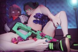 2girls 3d 3d_(artwork) 3d_model aequd ass barefoot big_breasts blender blender_(software) blender_cycles curvaceous curvy curvy_body curvy_female curvy_figure cyan_eyes cyan_hair cyberpunk:_edgerunners cyberpunk_2077 feet female female/female female_focus female_only firearm foot_fetish girls girls_only green_eyes human leg_lift legs legs_apart legs_held_open legs_spread lesbian long_hair looking_at_each_other lucyna_kushinada nail_polish only_female pale_skin pink_eyes rebecca_(edgerunners) red_sclera shoes short_hair shotgun small_breasts smaller_female teal_hair thigh_grab thighs toenail_polish toes toes_spread twintails weapon