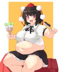 bbw belly_overhang big_belly big_female black_hair blush chubby chubby_female embarrassed fat fat_ass fat_female fat_fetish fat_girl fat_woman fatty food large_female obese obese_female overweight overweight_female pig plump pork_chop pudgy_belly shameimaru_aya tengu thick_thighs touhou tubby weight_gain