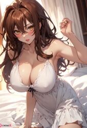 ai_generated blush brown_hair brown_hair_female brunette_hair dress female_issei high_school_dxd horny horny_female huge_breasts long_hair messy_hair nipples_bulge red_lips ribbon thick_thighs white_dress yellow_eyes