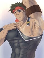 1boy abs abs_visible_through_clothing arm_up armpit_focus armpit_hair armpit_stubble armpits bara bare_pectorals covered_navel eyepatch fumio(ふみを) fumio_(snnmfmw) headband highres irvine_(zoids) large_pectorals male male_focus male_only muscular muscular_male nipples no_visible_genitalia pectorals presenting_armpit red_headband shirt short_hair solo solo_male spiked_hair sweaty_armpits taut_clothes taut_shirt upper_body zoids