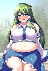 bbw belly_overhang big_belly big_female blush chubby chubby_female embarrassed fat fat_ass fat_female fat_fetish fat_girl fat_woman fatty green_hair large_female nerizou obese obese_female overweight overweight_female pig plump pork_chop sanae_kochiya thick_thighs touhou tubby weight_gain