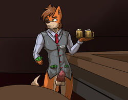 1boy alcohol arrwulf bar beer beverage bottomless canine clothed clothing erection fox fur host knot male male_only mammal money orange_fur precum servant solo solo_male suit waiter yellow_eyes