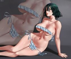 1girls asian asian_female barely_clothed big_breasts bikini busty frilled_bikini frilled_swimsuit fubuki_(one-punch_man) green_eyes green_hair huge_breasts japanese japanese_female light-skinned_female light_skin looking_at_viewer one-punch_man shiny_skin skimpy skimpy_bikini ultrabinou white_bikini