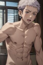 1boy abs ai_generated anime anime_style calm crying crying_with_eyes_open cute dick earrings grey_eyes grey_hair looking_at_viewer male male_focus male_only mitsuya_takashi muscular muscular_male naked naked_male necklace no_clothes open_mouth pale-skinned_male pale_skin solo solo_focus solo_male sweat sweating sweaty_body takashi_mitsuya tearing_up tears tokyo_revengers white_eyes white_hair