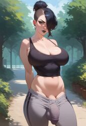 1futa ai_generated arms_behind_back big_breasts big_penis black_hair black_lipstick black_topwear breasts bulge cleavage covered_nipples covered_penis covering_breasts curvaceous curvy depth_of_field detailed_background detailed_bulge earrings erection_under_clothes futa_only futanari goth goth_girl grey_pants hair_bun hair_over_one_eye large_ass large_breasts light-skinned_futanari light_skin lipstick looking_at_viewer no_panties original original_character outdoors outside penis phoenixeugene pose posing self_upload solo solo_focus solo_futa stable_diffusion standing sweat sweatpants tank_top thick thick_thighs thighs voluptuous voluptuous_futanari