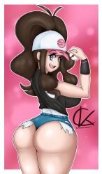 1girls ass baseball_cap big_ass blue_eyes blue_shorts booty_shorts bottomwear breasts brown_hair bubble_ass bubble_butt chaotickentro female female_only game_freak hair hat headwear hilda_(pokemon) huge_ass looking_back pokeball pokemon pokemon_bw ponytail short_shorts shorts solo solo_female thighs topwear