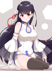 1girls azur_lane bare_shoulders black_hair black_legwear blush breasts china_dress chinese_clothes cleavage cleavage_cutout commentary_request covered_navel detached_sleeves dragon_empery_(azur_lane) dress eyebrows_visible_through_hair female female_only fukemachi highres large_breasts light-skinned_female light_skin long_hair looking_at_viewer red_eyes side_slit sitting smile solo thighhighs white_dress yat_sen_(azur_lane)