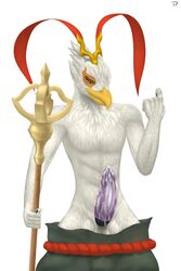 avian azir beak beckoning broken_condom claws clothed clothing condom cum cum_on_penis erection feathers half-closed_eyes headwear league_of_legends looking_at_viewer lunar_new_year lunar_revel_series male male_only pants_down partially_clothed penis riot_games simple_background solo staff standing testowepiwko topless video_games warring_kingdoms_azir white_background white_feathers year_of_the_rooster yellow_eyes