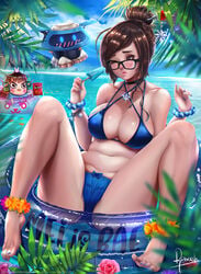 2girls absurd_res asian big_breasts bikini blue_bikini breasts chibi chubby cleavage curvy d.va female glasses large_breasts mei_(overwatch) one_eye_closed overwatch reivash snowball_(overwatch) solo_focus spread_legs thick_thighs