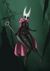 anthro arthropod blush bondage bound bound_arms bound_legs branch breasts cape cloak clothing detailed_background female fur furry furry_only hi_res hollow_knight hornet_(hollow_knight) insects looking_at_viewer nail_(weapon) nipples nude poncho red_cape restrained shiny solo string suspended_in_midair tied tied_up tree za-owl