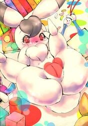 anthro ass black_hair blush bokko female fur hair heart kigekigahou lagomorph mammal multi_nipple nipples osamu_tezuka_works pussy rabbit red_eyes solo spread_legs spreading the_amazing_3 white_fur