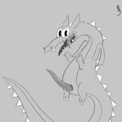 absurdres big_penis claws cuphead_(game) dragon fangs feral greyscale grim_matchstick highres looking_at_viewer male male_only monochrome open_mouth penis precum reptile rhuanfps scales scalie tapering_penis tongue tongue_out wings