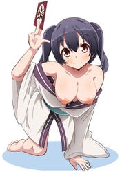 all_fours areolae black_hair blush breasts breasts_out card collarbone female full_body highres japanese_clothes kimono looking_at_viewer medium_breasts naruse_mai nipples no_bra red_eyes simple_background smile solo twintails urara_meirochou white_background yukimi_koume