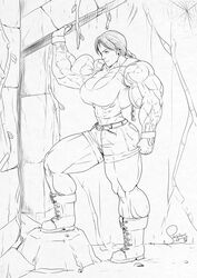 abs belt biceps big_muscles boots braid breasts cleavage extreme_muscles female female_only fingerless_gloves gloves lara_croft lara_croft_(classic) large_breasts monochrome muscles muscular muscular_female pegius shorts solo tomb_raider veins