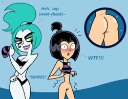 2girls ass assisted_exposure bikini black_hair blue_hair bottomless danny_phantom ember_mclain female female_only multiple_girls pointy_chin purfectprincessgirl pussy sam_manson tagme