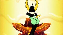 accurate_art_style animated back_view bottomless disney edit female female_only green_skin lewdacris lewdacris8008 lord_dominator official_style solo t+4t wander_over_yonder yellow_background