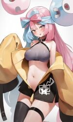 1girls berserker_r blue_hair breasts female gym_leader iono_(pokemon) light-skinned_female light_skin long_hair long_sleeves medium_breasts midriff nintendo pink_eyes pink_hair pokemon pokemon_sv tank_top two_tone_hair