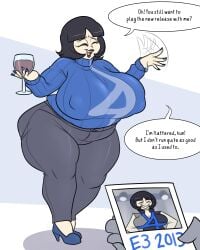 /ctt/ age_progression black_hair bob_cut console-tan dialogue gijinka huge_breasts humanization humanized milf milfification noh-buddy overweight_female photo playstation playstation_4 plump ps4-tan short_hair sweater thick wine_glass