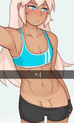 1boy balls blue_eyes blush bulge cody_(dross) dark-skinned_femboy dark-skinned_male dark_skin dross femboy girly male male_only original penis pout selfie shorts snapchat solo testicles text trap