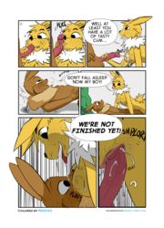 absurd_res anthro anthrofied areola baaleze balls blush breasts colored comic cum cum_in_mouth cum_inside cum_on_breasts cum_on_face eevee eeveelution erection fellatio female forest handjob hi_res jolteon male male_penetrating nintendo on_top oral penetration pokemon pussy redoxx reverse_cowgirl_position sex straight tree vaginal_penetration video_games