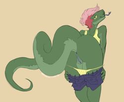 2017 absurd_res anthro anus ass clothed clothing digital_media_(artwork) dragonketsu female hair hi_res looking_at_viewer looking_back nude presenting presenting_hindquarters presenting_pussy pussy reptile scalie simple_background smile snake solo standing tongue tongue_out