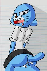 2017 anthro ass blue_fur cartoon_network clothed clothing cum cum_inside domestic_cat drooling duo felid feline felis female fur highres looking_back male mammal mature_female nicole_watterson notebook_paper_background on_top panties raised_skirt rear_view reverse_cowgirl_position saliva sex simple_background skitterleaf straight teeth the_amazing_world_of_gumball underwear whiskers zambs