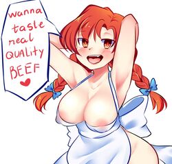 apron armpits arms_behind_head blush braid breasts cleavage covered_breasts curvaceous dialog english english_text erect_nipples erect_nipples_under_clothes female female_only heart high_resolution hips human large_breasts legs light-skinned light-skinned_female long_hair looking_at_viewer mascot meme naked_apron nipples o0lucia0o open_mouth red_eyes red_hair sexy_armpits simple_background smug solo speech_bubble spoken_heart text thighs tied_hair tongue twintails waist_apron wendy's wendy_thomas white_apron white_background yellow_eyes