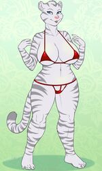 2017 anthro barefoot big_breasts bikini blue_eyes breasts clothing digital_media_(artwork) feline female fur looking_at_viewer mammal multicolored_fur nipples nude pussy rule_63 simple_background smile solo swimsuit tau_maxim tiger two_tone_fur vkyrie white_fur white_tiger