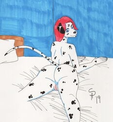 2019 absurd_res ass bed bedroom canid canine canis charlene_palmer dalmatian domestic_dog dreadwolfclaw1990 hi_res inside looking_at_viewer looking_back mammal nude presenting presenting_hindquarters pussy traditional_media_(artwork)