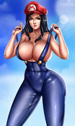 1girls bimbo blue_background blue_eyes blue_pants breasts busty cleavage day female female_only female_version flowerxl front_view genderswap_(mtf) hourglass_figure huge_breasts large_breasts looking_at_viewer mario mario_(series) nintendo overalls pale-skinned_female pink_lipstick pinup red_hat rule_63 sky_background smile solo suspenders video_game_character voluptuous