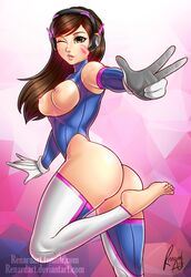 1girls areolae ass back barefoot bodysuit breast_cutout breasts d.va elbow_glove feet female female_only gloves looking_at_viewer looking_back nipples overwatch pink_toenails renardart skin_tight solo text url v watermark