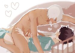 2boys anal bed beige_skin cum erection gay grin kekkai_sensen leonardo_watch male male_only maneki-neko_(fujifuji) multiple_boys naughty_face nude penis sex sitting_on_person smirk tagme tan_skin yaoi zap_renfro