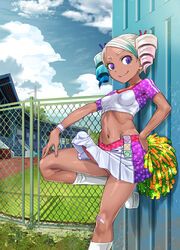 1futa abs against_wall balls bandaid bandaid_on_knee blonde_hair blue_hair boots breasts casual casual_nudity chain-link_fence cheerleader closed_mouth clothed clothing cloud cloudy_sky collarbone commentary_request condom condom_packet_strip condom_wrapper crop_top dark-skinned_futanari dark_skin day drill_hair erection erection_under_clothes erection_under_skirt exposed fence fingernails footwear futa_only futanari grass hair_ribbon hand_on_hip highres holding huge_penis human intersex knee_boots leg_up lips long_hair looking_at_viewer midriff nail_polish navel no_panties no_socks nude original outdoors penis penis_out penis_under_clothes penis_under_skirt pink_hair pink_nails pleated_skirt pom_poms public purple_eyes radiohead ribbon short_sleeves skirt skirt_lift sky small_breasts smile solo sportswear stadium standing standing_on_one_leg star star_print stomach sweatband tenting twin_drills twintails upskirt