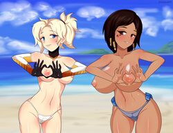 2girls areolae big_breasts breasts dark-skinned_female dark_skin female female_only heart-shaped_boob_challenge large_breasts mercy multiple_girls nipples overwatch pharah xeladuart