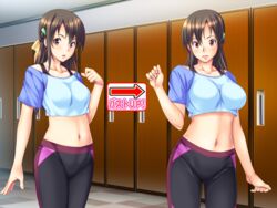 animated bike_shorts blush breasts brown_eyes brown_hair female fit_shichao!_~toshiue_josei_to_asedaku_lesson_hatsutaiken~ game_cg gym_clothes harutachi_miyu highres large_breasts locker_room long_hair looking_at_viewer medium_breasts midriff navel nipples no_pussy nude open_mouth photoshop pubic_hair shaved_pussy shimagon size_difference solo standing topless wendybell