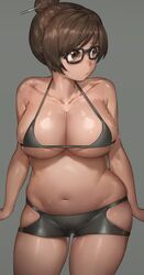 1girl 1girls bangs bare_shoulders big_belly big_breasts bike_shorts bikini bikini_top black-framed_eyewear black_bikini blush breast_squish breasts brown_eyes brown_hair chubby cleavage closed_mouth collarbone cowboy_shot female female_only glasses grey_background hair_bun hair_ornament hair_stick highres huge_breasts large_breasts looking_to_the_side mei_(overwatch) navel overwatch plump shiny shiny_clothes shiny_hair shiny_skin short_hair sideboob simple_background skin_tight solo standing stomach swept_bangs swimsuit underboob yohan1754