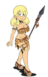 blonde_hair breasts cavewoman cleavage female high_heels hourglass_figure huge_breasts human leni_loud loincloth midriff navel nickelodeon solo sonson-sensei spear straight_hair the_loud_house