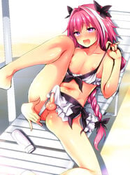 1boy 2017 :d astolfo_(fate) beach_chair bikini bikini_aside bikini_skirt bikini_top_aside bikini_top_removed black_ribbon blush braid cute_fang erect_penis erection erection_in_bikini fate/apocrypha fate/grand_order fate_(series) femboy hair_ribbon leg_up long_hair male male_only menokonome navel nipple_slip nipples open_mouth penis pink_hair purple_eyes ribbon single_braid sitting smile solo spread_legs testicles trap