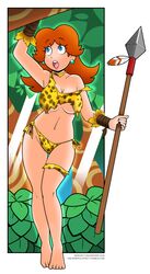 1girls breasts cavewoman female female_only forest full_body human jungle_girl leopard_print mario_(series) nintendo outdoors princess_daisy solo spear standing super_mario_bros. the_whipple_effect tree underboob