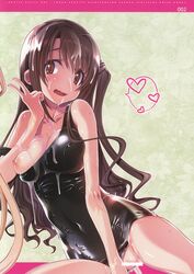 asymmetrical_hair bar_censor bare_legs breasts brown_eyes brown_hair censored collarbone eyebrows_visible_through_hair female hair_between_eyes heart huge_filesize idolmaster idolmaster_cinderella_girls long_hair looking_at_viewer lotion nipples off_shoulder one-piece_swimsuit pussy sakuya_tsuitachi scan shimamura_uzuki shiny shiny_clothes solo tied_hair