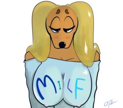 big_breasts blonde_hair blue_shirt blush breasts canine dogmom eyebrows female hair hi_res long_ears mabel_(cherrikissu) mammal mature_female nipples ota_(artist) saluki solo thick_eyebrows transparent_background