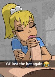 animated big_penis blonde blonde_hair earring earrings emoji fellatio female handjob looking_at_viewer looking_away male oral penis ponytail snapchat text yunowut