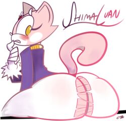 anthro ass big_butt bindi blaze_the_cat blaze_the_cat_(cosplay) blushing clothing cosplay costume dat_ass embarrassed feline female fur glow halftone hi_res ota_(artist) pants pink_fur purple_shirt raised_tail sega sharp_teeth shima_luan sitting solo sonic_(series) super_planet_dolan torn_clothing torn_pants transparent_background voluptuous wardrobe_malfunction yellow_eyes